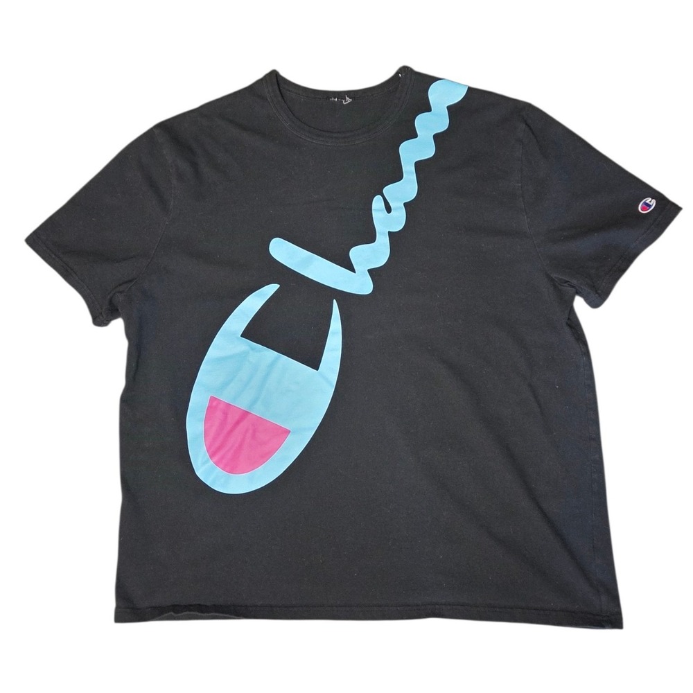 Champion Mens Black Graphic Script Logo Wrap Around T-Shirt Short Sleeve XL